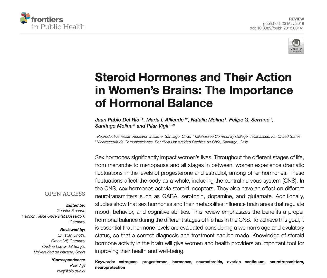 Steroid Hormones and the Action in Women’s Brains [Frontiers in Public ...